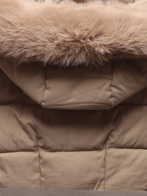 Beżowy długi damski płaszcz z kapturem wiązany paskiem