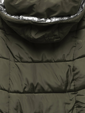 Khaki długa pikowana zimowa kurtka płaszczyk z kapturem srebrna wstawka