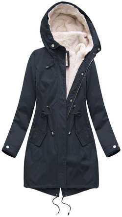 Granatowa zimowa ciepła kurtka parka na futrze