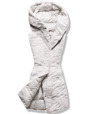 Ecru dwustronny damski pikowany bezrękawnik z kapturem na futrze