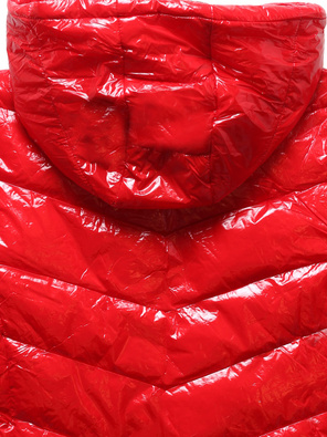 Czerwona śliczna krótka modna pikowana kurtka damska z kapturem