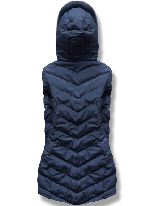 Granatowa długa wyszczuplająca pikowana kurtka w jodełkę z kapturem