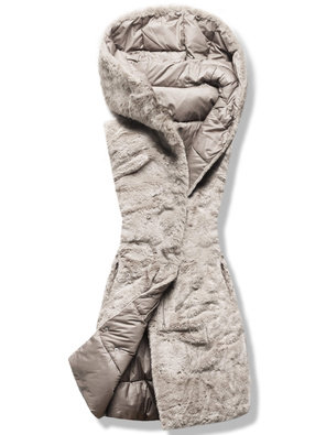 Beżowy dwustronny damski pikowany bezrękawnik z kapturem na futrze