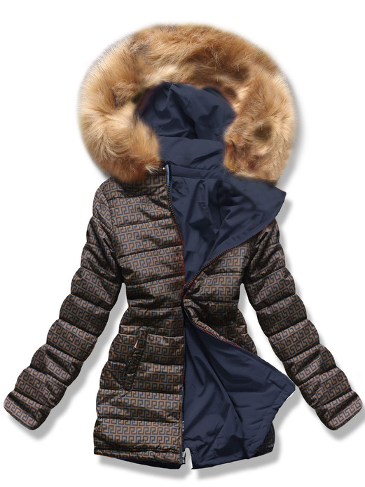 Granatowo brązowa dwustronna damska kurtka pikowana z kapturem