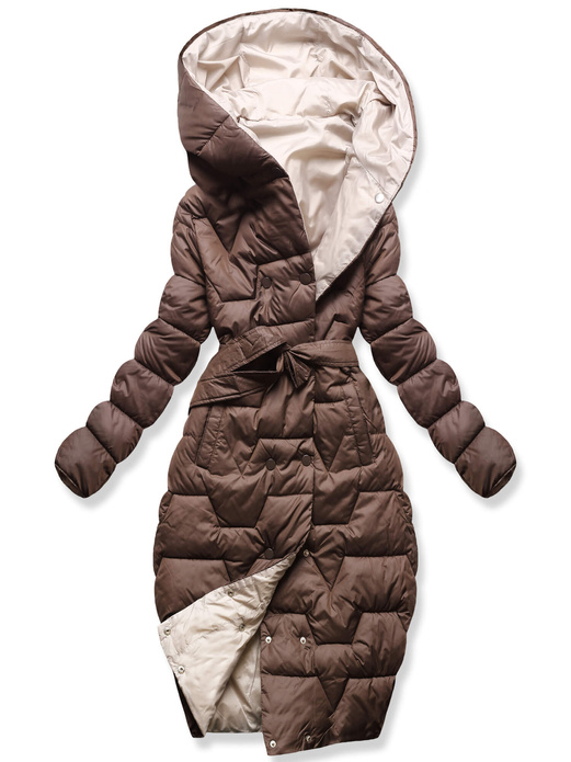 Czekoladowo beżowy dwustronny zimowy damski płaszcz z kapturem i paskiem