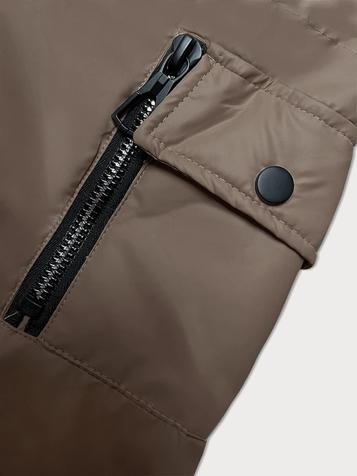 Ciemnobeżowa śliczna krótka modna pikowana kurtka damska z kapturem