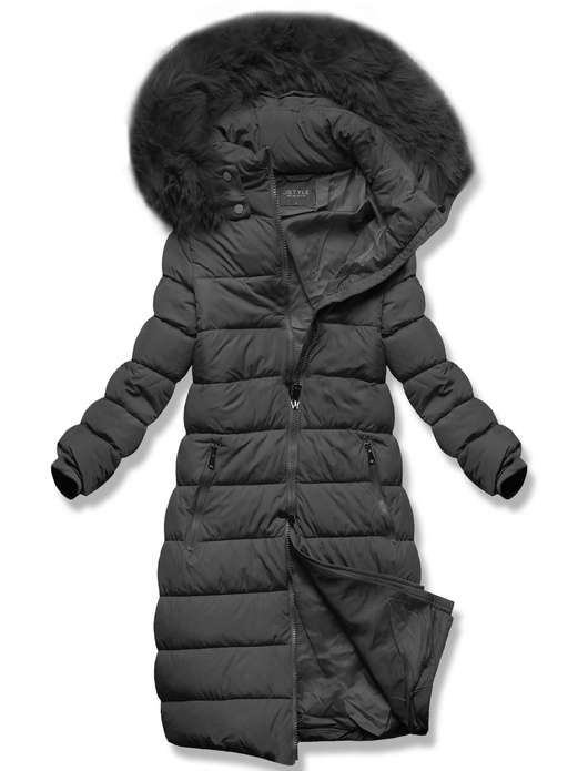 Grafitowy długi zimowy pikowany płaszczyk kurtka z kapturem