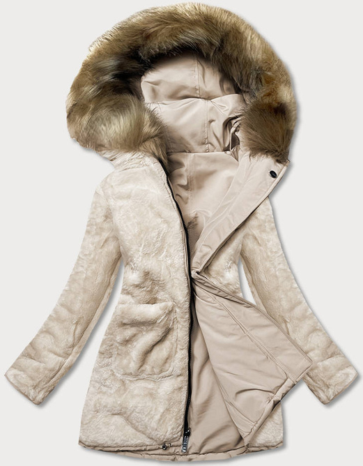 Beżowa dwustronna zimowa parka na futrze