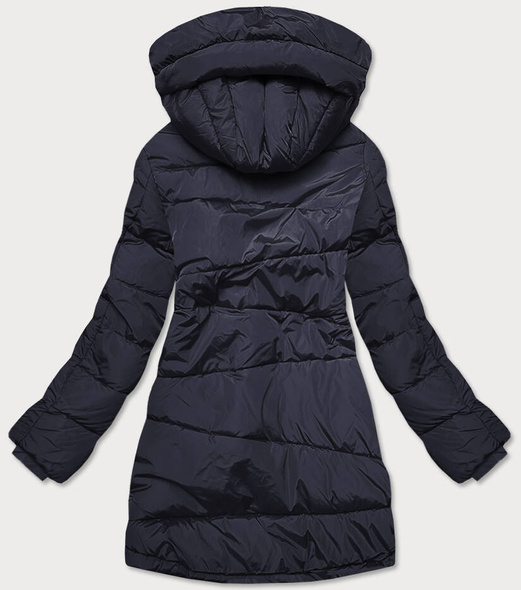 Granatowa asymetryczna długa pikowana zimowa kurtka płaszczyk z kołnierzem