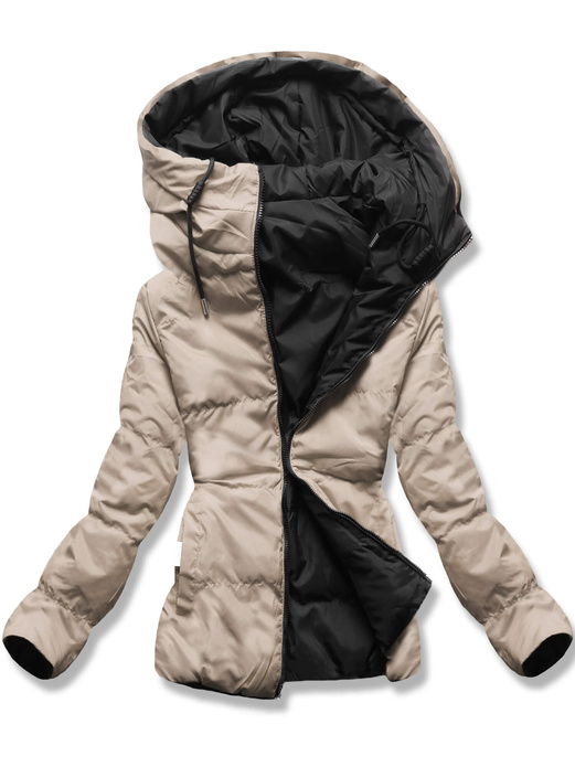 Czarno jasnobeżowa dwustronna damska kurtka przejściowa z kapturem