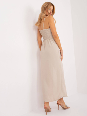 Beżowa długa sukienka damska z rozcięciem