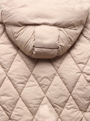 Beżowa długa pikowana w karo ciepła zimowa kurtka damska z kapturem