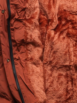 Czerwono brązowy długi płaszczyk kurtka zimowa - na ciepłym misiu z kapturem