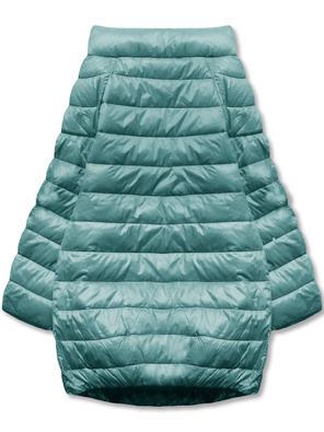 Miętowa trapezowa przejściowa kurtka z rękawami 3/4 dwustronna gładka / kwiaty na zatrzaski 