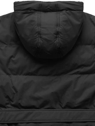 Czarna długa pikowana zimowa kurtka płaszczyk z kapturem
