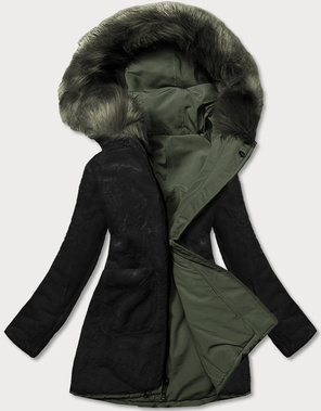 Khaki czarna dwustronna zimowa parka na futrze
