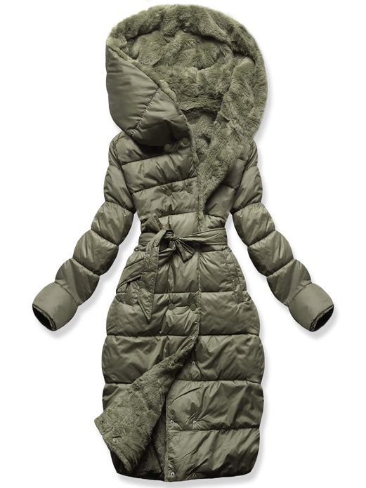 Khaki zimowa dwustronna ciepła kurtka na futerku