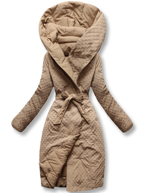 Karmelowy długi damski dwustronny płaszcz z kapturem