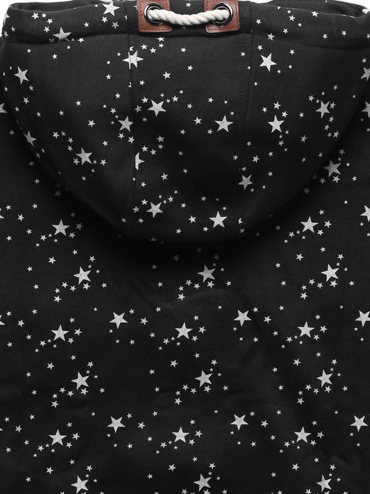 Czarna w gwiazdki bluza damska z kapturem zapinana na suwak