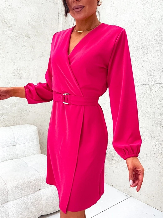 Malinowa damska elegancka sukienka z paskiem