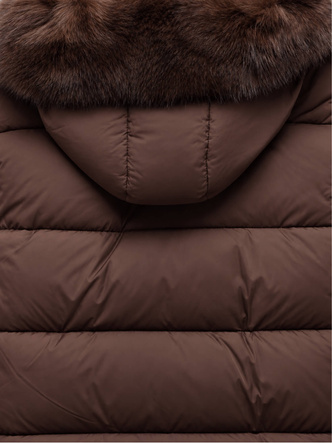 Damska zimowa kurtka puffer z futrzanym kapturem czekoladowa netmoda