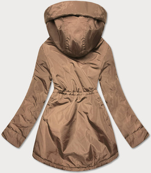 Carmelowo beżowa przejściowa kurtka parka z kapturem
