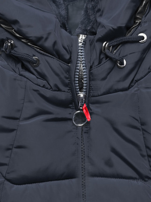 Granatowa długa pikowana zimowa kurtka płaszczyk z kapturem srebrna wstawka