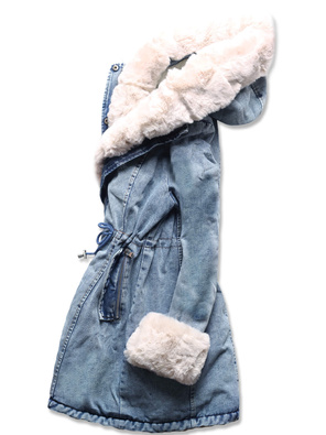 Niebieska ecru jeansowa zimowa kurtka płaszczyk futro