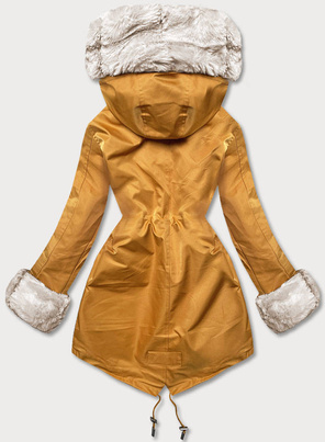 Żółta ciepła kurtka parka na misiu z kapturem