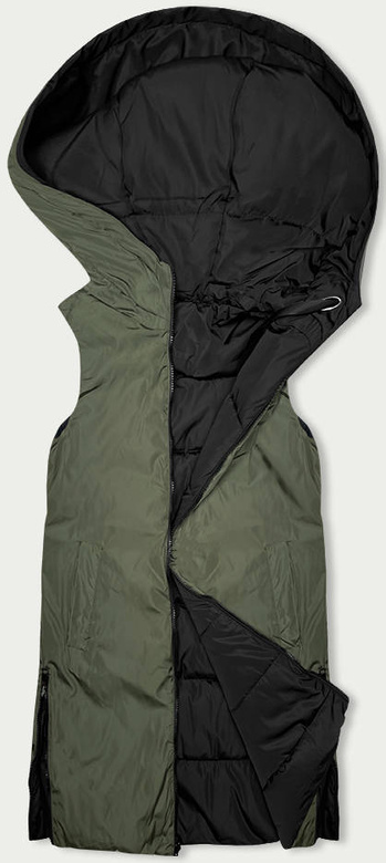 Czarno zielony długi dwustronny damski bezrękawnik kamizelka z kapturem