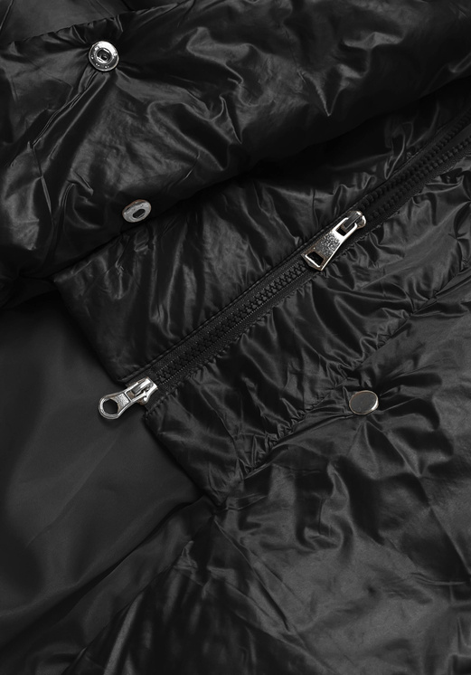 Czarna zimowa długa kurtka damska płaszczyk z paskiem