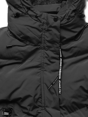 Czarny długi płaszczyk kurtka zimowa - na ciepłym misiu z kapturem