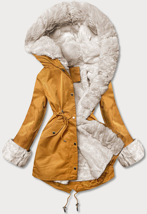 Żółta ciepła kurtka parka na misiu z kapturem