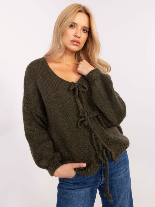 Khaki gładki i luźny sweter cardigan bluzka basic wiązany