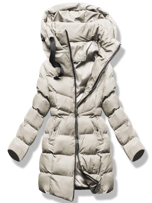 Ecru zimowa kurtka z kapturem i kołnierzem płaszcz pikowany na suwak