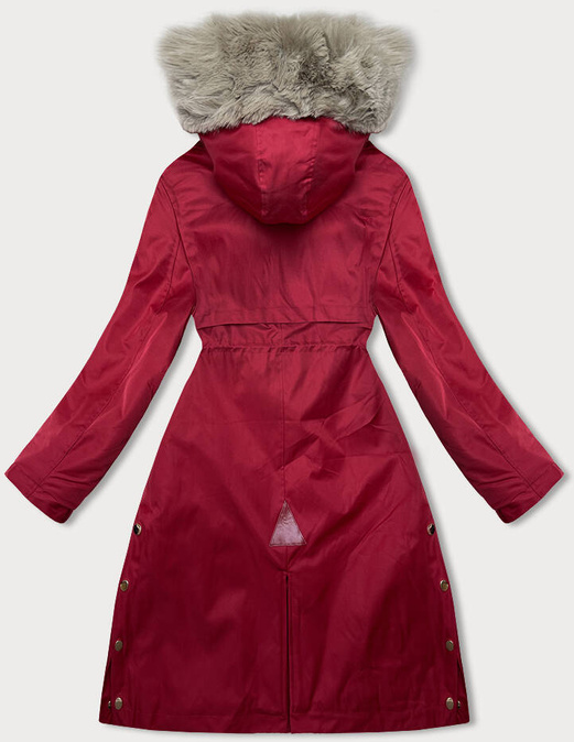 Czerwony zimowy płaszcz parka na futrze