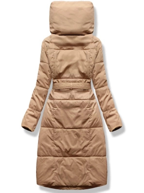 Beżowy zimowy długi płaszczyk z genialnym kołnierzem