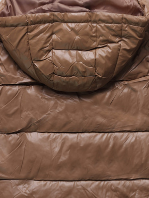 Karmelowa damska długa pikowana kurtka z kapturem