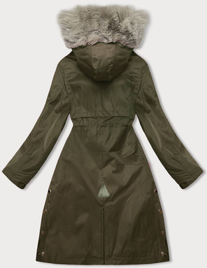 Oliwkowy zimowy płaszcz parka na futrze