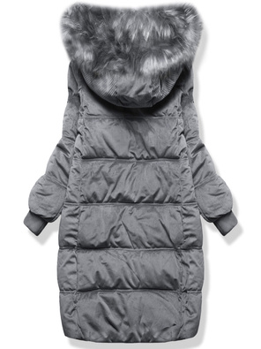 Szara długa zimowa sztruksowa damska kurtka z kapturem