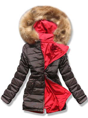 Czerwono brązowa dwustronna damska kurtka pikowana z kapturem