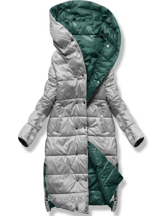 Zielono szara dwustronna zimowa damska kurtka z kapturem i paskiem