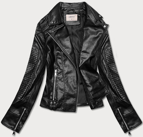 Czarna kurtka ekoskóra ramoneska zapinana na skos z klapami i suwakami