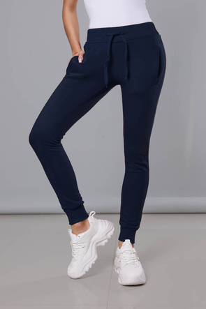 Ciemnogranatowe damskie dresowe spodnie casualowe z kieszeniami i ściągaczem