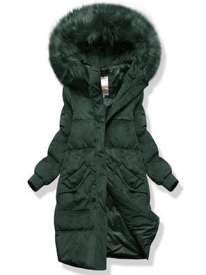 Zielona sztruksowa długa zimowa kurtka z kapturem