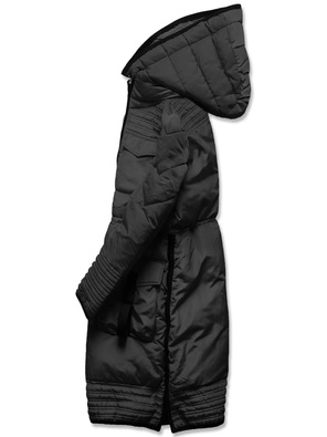 Czarna zimowa długa taliowana kurtka płaszczyk z kapturem 