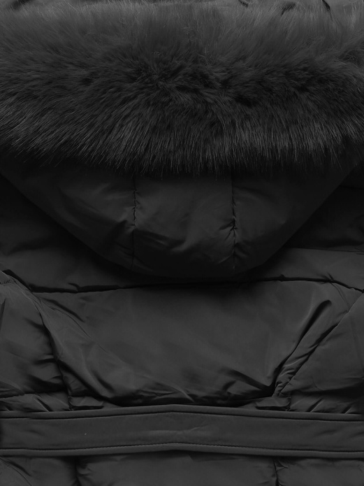 Czarna zimowa damska kurtka z paskiem i kapturem