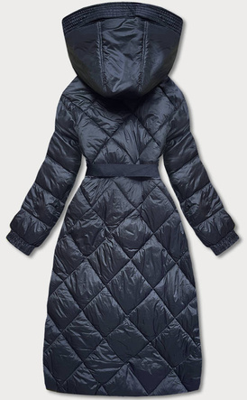 Granatowa długa pikowana puchowa kurtka płaszczyk z kapturem