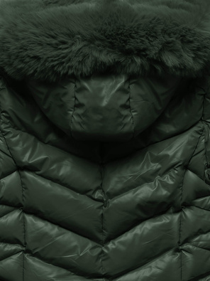 Ciemnozielona zimowa pikowana w jodełkę kurtka płaszczyk z kapturem