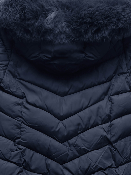Granatowa zimowa puchowa pikowana kurtka z futerkiem